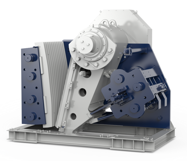 Symmetrical V-shaped jaw crushing chamber for high-capacity primary crushing