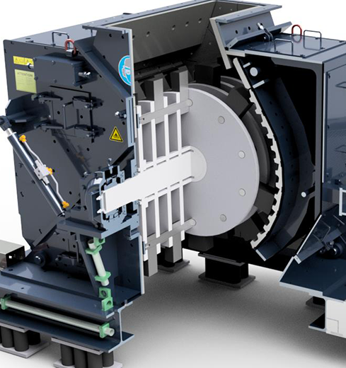 Cross-section of a Hazemag Unirotor HUV hammer mill – showing the rotor, housing and impact mechanism for industrial rock crushing