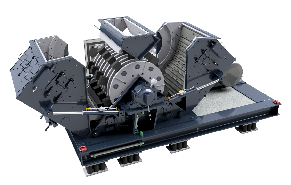 Hazemag Unirotor HUV hammer mill with maintenance hatch open – a look inside the robust industrial crushing machine for mineral raw materials