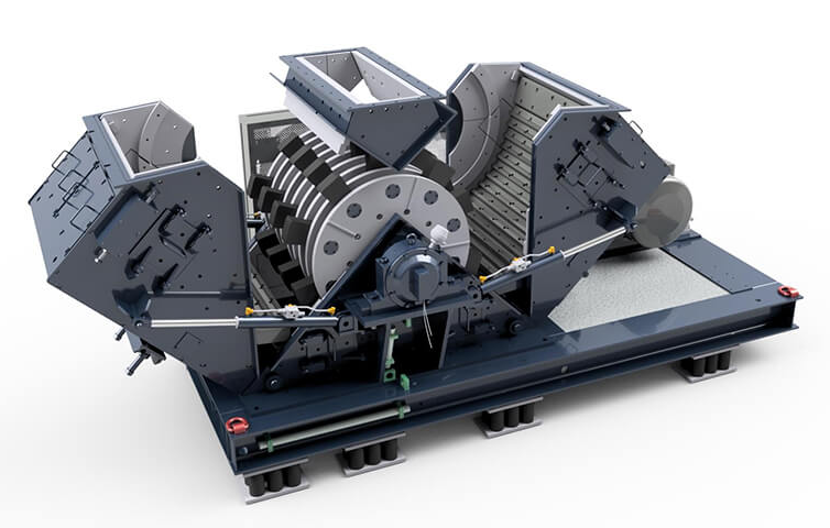 Hazemag Unirotor HUV-Hammermühle mit geöffneter Wartungsklappe – ein Blick ins Innere der robusten Industriezerkleinerungsmaschine für mineralische Rohstoffe